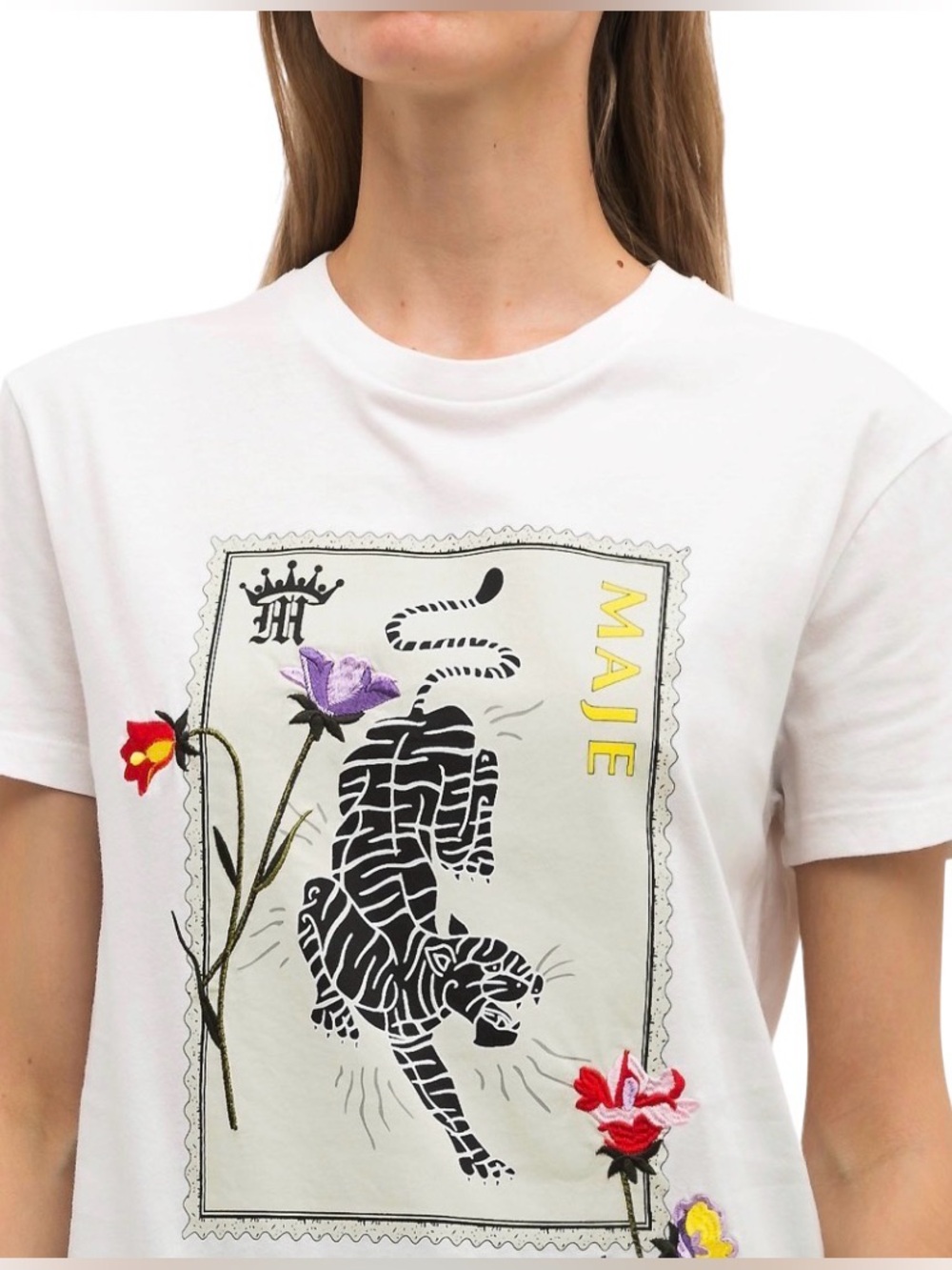 🐅 Maje White Tee with Black Tiger Stamp and Floral Embroidery SZ 1 / SM🥀 - Picture 12 of 17